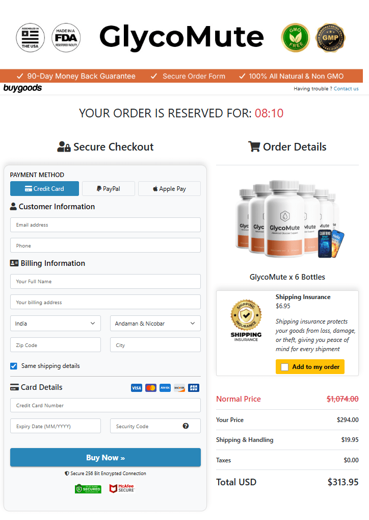 GlycoMute secure checkout page
